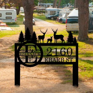 Custom Metal Address Sign, Personalized Deer and Forest Yard Sign, Deer Yard Sign Gift, Wildlife Outdoor Camping Decor, Cabin Yard Sign Gift