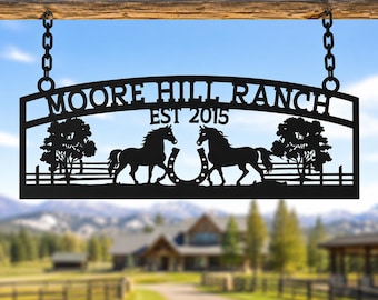Letrero de metal para granja y rancho con decoración de caballos, regalo personalizado para casa de campo, decoración de exterior de granja, decoración de granero personalizada, regalo para amantes del rancho