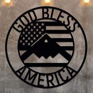 Patriotic Metal Wall Art, God Bless America Gift, American Flag Stealth Bomber Decor, 4th of July Gift, US Flag Metal Wall Art, Veteran Gift