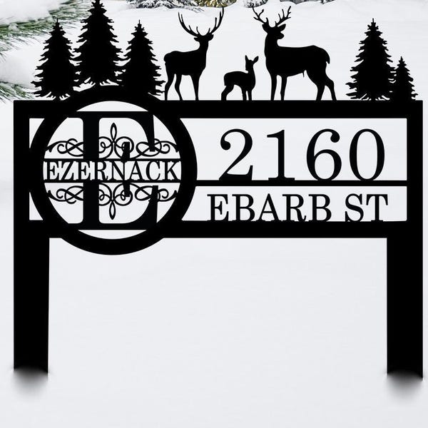 Custom Metal Address Sign, Personalized Deer and Forest Yard Sign, Deer Yard Sign Gift, Wildlife Outdoor Camping Decor, Cabin Yard Sign Gift