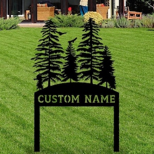 Paletto da giardino in metallo con albero di pino personalizzato, cartello da giardino in acciaio, cartello da giardino personalizzato, cartello da giardino in metallo, regalo per gli amanti del giardino, paletto da fattoria