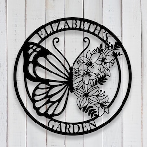 Customized Butterfly Metal Garden Decor, Butterfly Decor with Flowers, Garden Name Sign, Butterfly Lover Gift, Custom Outdoor Floral Decor