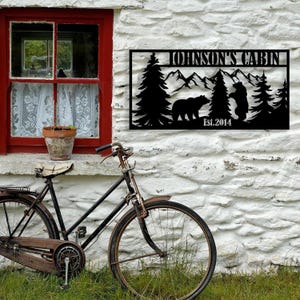 Personalized Bear Family Metal Wall Art, Mountain with Trees Decor, Outdoor Lover Gift,Wildlife Decor,Custom Bear Cabin Sign,Farmhouse Decor