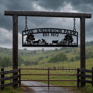 Puede incluir: Un letrero de granja de metal negro colgado de un marco de madera mediante cadenas. El letrero presenta el texto THE ANDERSON FARM EST 1972, con siluetas de &aacute;rboles, caballos, una vaca y un tractor sobre una puerta de metal en el campo.
