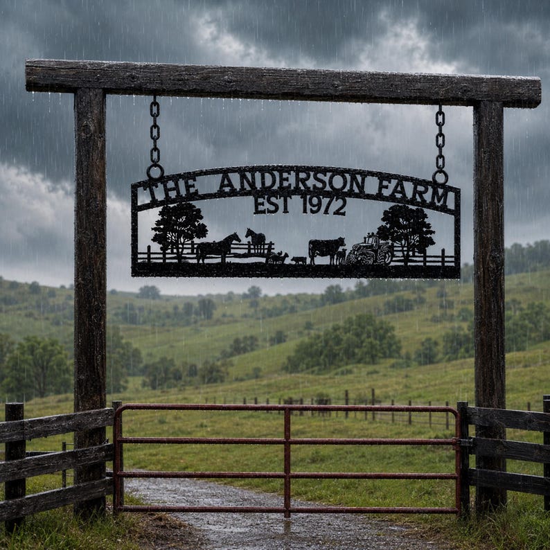 Puede incluir: Un letrero de granja de metal negro colgado de un marco de madera mediante cadenas. El letrero presenta el texto THE ANDERSON FARM EST 1972, con siluetas de &aacute;rboles, caballos, una vaca y un tractor sobre una puerta de metal en el campo.