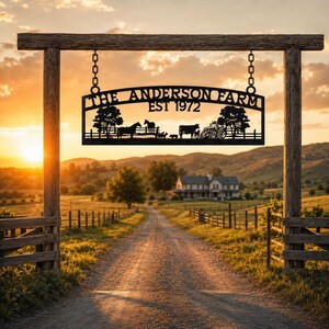 Puede incluir: Un letrero de granja de metal negro suspendido por cadenas de un marco de madera, con el texto THE ANDERSON FARM EST 1972, siluetas de un caballo, una vaca, un tractor y &aacute;rboles, sobre un paisaje rural durante una puesta de sol.