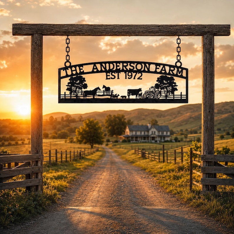 Puede incluir: Un letrero de granja de metal negro suspendido por cadenas de un marco de madera, con el texto THE ANDERSON FARM EST 1972, siluetas de un caballo, una vaca, un tractor y &aacute;rboles, sobre un paisaje rural durante una puesta de sol.