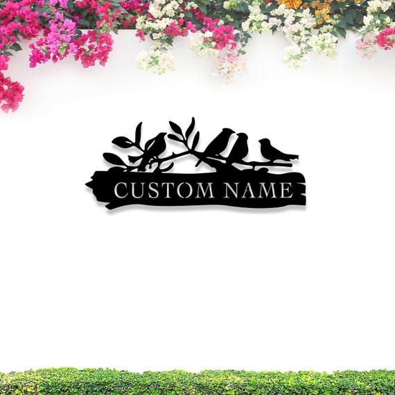 Cartello in metallo personalizzato con uccelli, decorazione da giardino, cartello da giardino con nome personalizzato, regalo