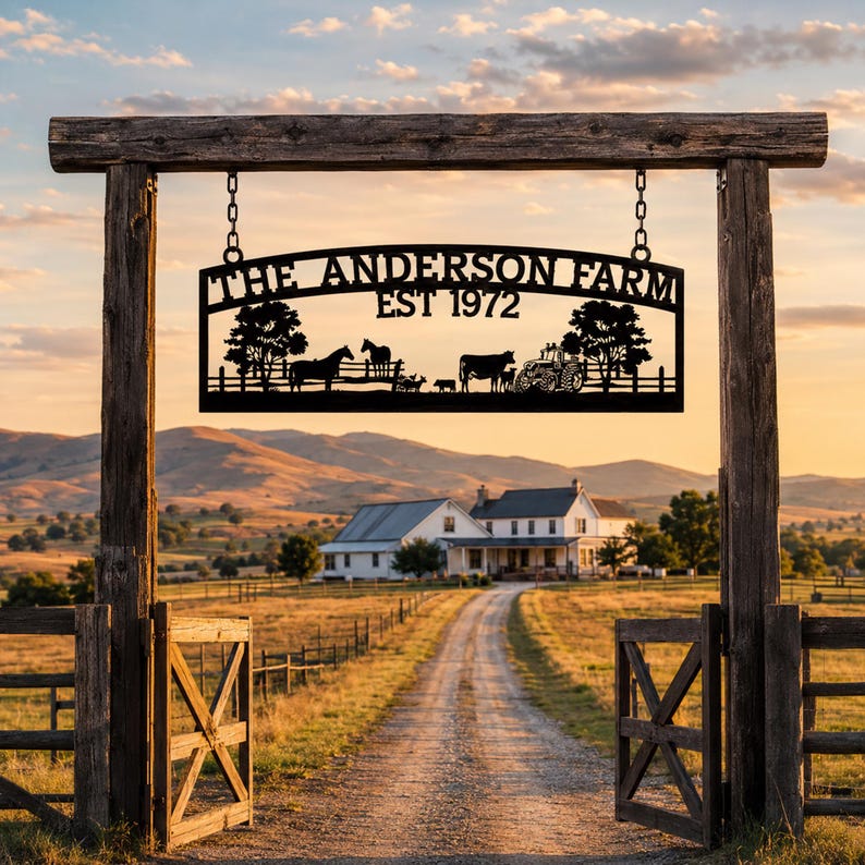 Puede incluir: Un letrero de metal negro colgado de un marco de puerta de madera, con el texto THE ANDERSON FARM EST 1972. El dise&ntilde;o incluye siluetas de dos caballos, una vaca, un ternero y un tractor, situados entre dos &aacute;rboles y una l&iacute;nea de cerca.