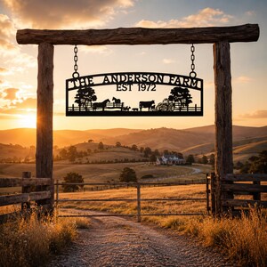 Puede incluir: Un letrero de metal negro colgado de un marco de madera, con el texto THE ANDERSON FARM EST 1972. El dise&ntilde;o incluye siluetas de dos caballos, una vaca, un ternero y un tractor, sobre un paisaje rural con &aacute;rboles y cercas.