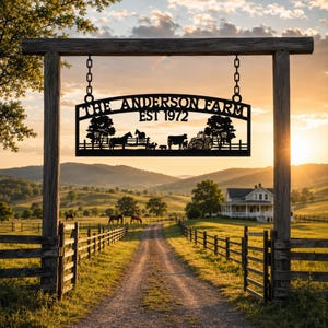 Puede incluir: Un letrero de granja de metal negro colgado de un marco de madera mediante dos cadenas. El letrero muestra el texto THE ANDERSON FARM EST 1972 sobre siluetas de &aacute;rboles, un caballo, una vaca y un tractor, en un paisaje rural al atardecer.