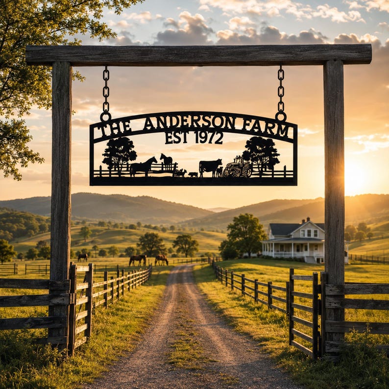 Puede incluir: Un letrero de granja de metal negro colgado de un marco de madera mediante dos cadenas. El letrero muestra el texto THE ANDERSON FARM EST 1972 sobre siluetas de &aacute;rboles, un caballo, una vaca y un tractor, en un paisaje rural al atardecer.