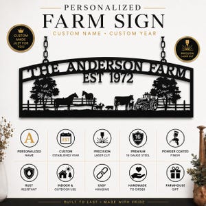 Puede incluir: Un letrero de granja personalizado de metal negro con el texto THE ANDERSON FARM EST 1972, siluetas de caballos, vacas, un tractor y &aacute;rboles, suspendido por dos cadenas. La imagen incluye iconos para el nombre, corte l&aacute;ser y acero.