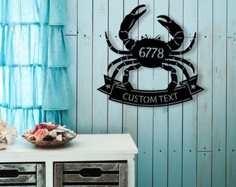 Personalized Crab Metal Sign, Custom Metal Wall Decor, Crab Lover Gift, Beach House Nautical Gift,Crab Metal Address Sign,Outdoor Pool Decor