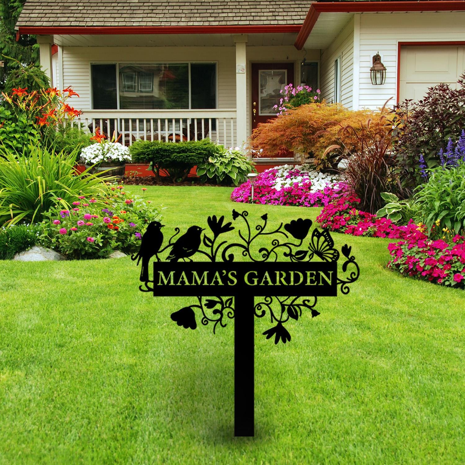 Custom Metal Garden Sign with Flowers, Garden Metal Stake with Birds, Flower Garden Decor, Personalized Garden Decoration Lover Gift Idea