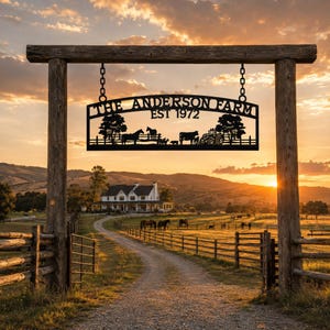 Puede incluir: Un letrero colgante de metal negro con el texto THE ANDERSON FARM EST 1972. El dise&ntilde;o incluye siluetas de dos caballos, una vaca, un ternero y un tractor, enmarcados por &aacute;rboles y una valla, suspendido por dos cadenas de una viga de madera.