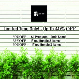 The image is a promotional advertisement for a limited-time sale, featuring a white wooden wall with green plants and a sign with text announcing the sale.