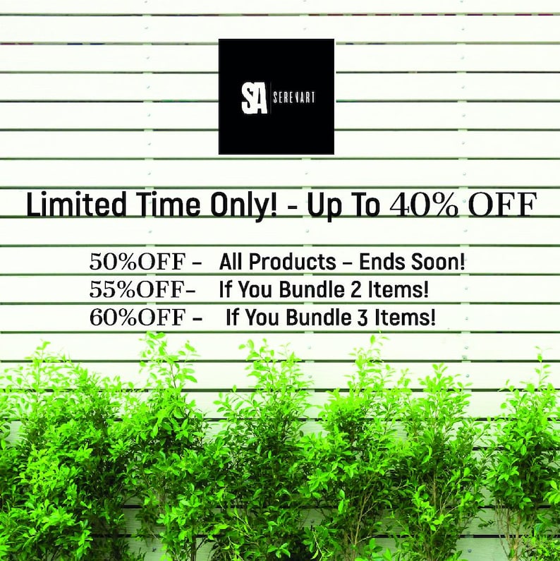 The image is a promotional advertisement for a limited-time sale, featuring a white wooden wall with green plants and a sign with text announcing the sale.