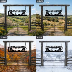 Puede incluir: Un letrero de granja de metal negro colgado de un marco de puerta de madera mediante cadenas. El letrero presenta una silueta de &aacute;rboles, un caballo, una vaca y un tractor, con el texto THE ANDERSON FARM EST 1972. Muestra cuatro variaciones.