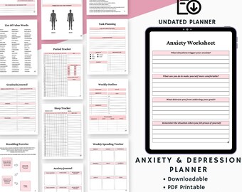 May include: A printable planner with pink and black accents designed to help manage anxiety and depression. The planner includes worksheets, trackers, and journaling pages. The text on the cover reads "Anxiety & Depression Planner".