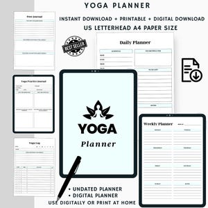 Yoga planner, daily yoga diary, printable wellness tracker, meditation and self-care planner, digital fitness log, direct download
