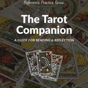 Printable tarot companion workbook cover with card illustrations and decorative borders for tarot reading practice