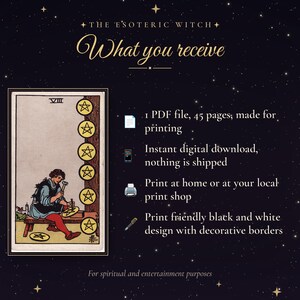 Puede incluir: Una ilustraci&oacute;n digital de carta de tarot del Ocho de Oros con una persona tallando una moneda, acompa&ntilde;ada de texto: THE ESOTERIC WITCH, What you receive, 1 PDF file, 45 pages, made for printing, Instant digital download, nothing is shipped, Print at home or at your local print shop, Print friendly black and white design with decorative borders, For spiritual and entertainment purposes.