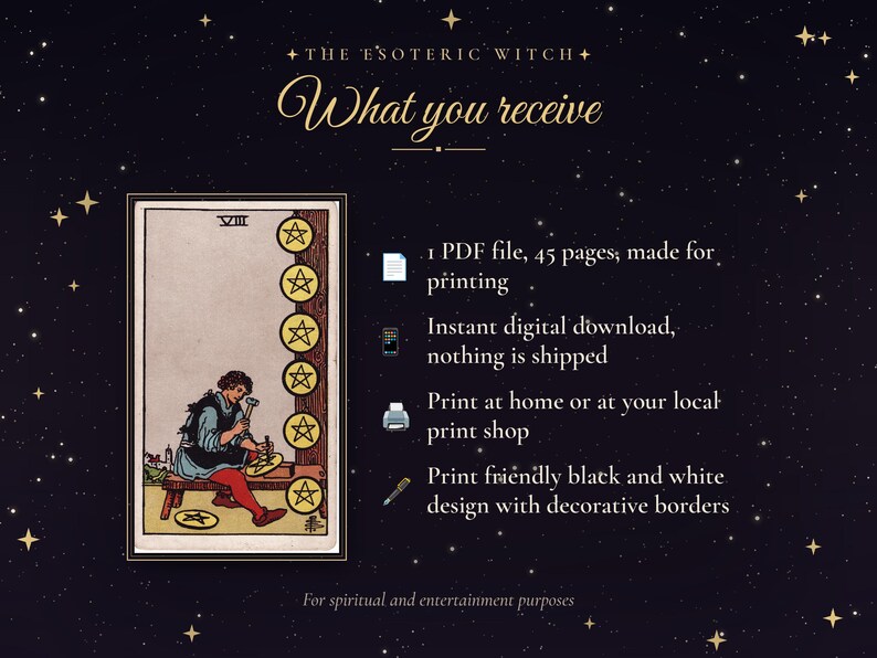 Puede incluir: Una ilustraci&oacute;n digital de carta de tarot del Ocho de Oros con una persona tallando una moneda, acompa&ntilde;ada de texto: THE ESOTERIC WITCH, What you receive, 1 PDF file, 45 pages, made for printing, Instant digital download, nothing is shipped, Print at home or at your local print shop, Print friendly black and white design with decorative borders, For spiritual and entertainment purposes.