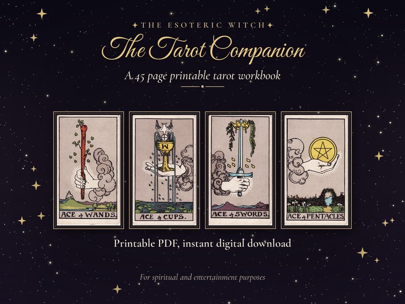 Puede incluir: Un libro de ejercicios de tarot imprimible de 45 p&aacute;ginas titulado The Esoteric Witch: The Tarot Companion. El dise&ntilde;o muestra cuatro cartas del tarot: As de Bastos, As de Copas, As de Espadas y As de Oros sobre un fondo oscuro con estrellas.