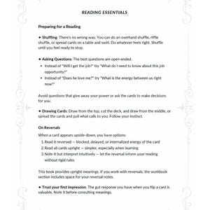 Tarot card meanings reference pages showing Major Arcana keywords and interpretations for beginner readers