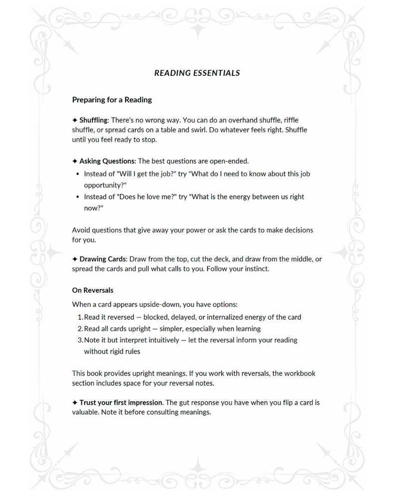 Tarot card meanings reference pages showing Major Arcana keywords and interpretations for beginner readers