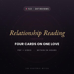 May include: A dark purple graphic with a starry background featuring the text Relationship Reading, FOUR CARDS ON ONE LOVE, PDF + VIDEO, WITHIN 24 HOURS, 5.0 247 REVIEWS, and THE ESOTERIC WITCH. A faint geometric line design is centered behind the text.