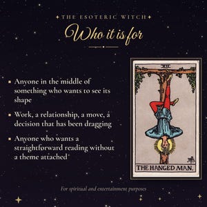 May include: A dark background with gold stars features the text THE ESOTERIC WITCH Who it is for, followed by three bullet points and a tarot card titled THE HANGED MAN showing a figure suspended upside down from a wooden T-shaped structure.