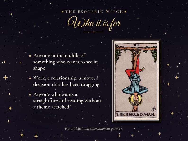 May include: A dark background with gold stars features the text THE ESOTERIC WITCH Who it is for, followed by three bullet points and a tarot card titled THE HANGED MAN showing a figure suspended upside down from a wooden T-shaped structure.