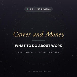 Dark green square listing cover for a personalized career and money tarot reading. Gold script reads Career and Money above the bold white line What To Do About Work, with PDF plus video and within 24 hours below, a faint occult sigil and starfield behind the text, and a five star badge reading 5.0 and 247 reviews at the top.