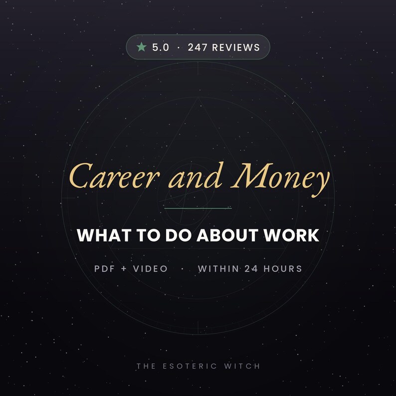 Dark green square listing cover for a personalized career and money tarot reading. Gold script reads Career and Money above the bold white line What To Do About Work, with PDF plus video and within 24 hours below, a faint occult sigil and starfield behind the text, and a five star badge reading 5.0 and 247 reviews at the top.