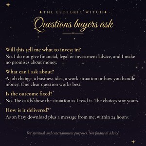 May include: A dark purple informational graphic titled The Esoteric Witch Questions buyers ask. It lists FAQs regarding financial advice, topics for inquiry, outcome flexibility, and delivery methods, all set against a starry night sky background.