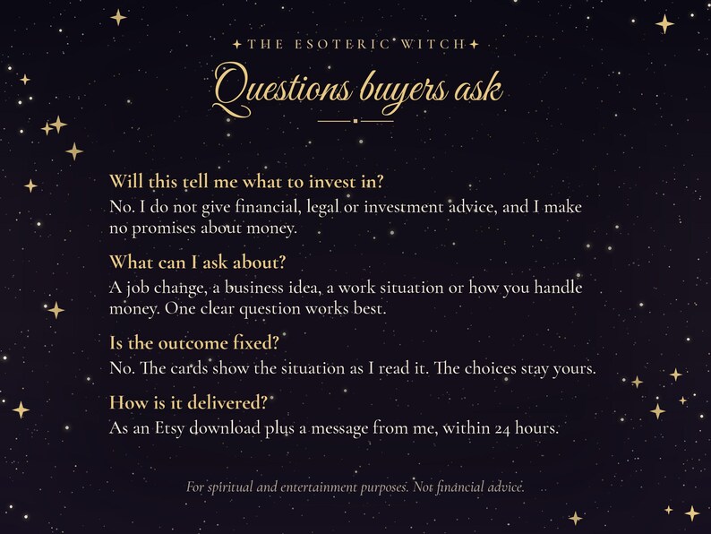 May include: A dark purple informational graphic titled The Esoteric Witch Questions buyers ask. It lists FAQs regarding financial advice, topics for inquiry, outcome flexibility, and delivery methods, all set against a starry night sky background.