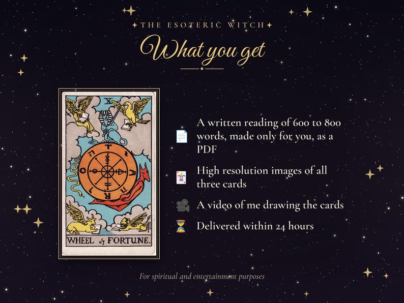 May include: A Wheel of Fortune tarot card graphic on a dark starry background with text reading The Esoteric Witch, What you get, a written reading of 600 to 800 words as a PDF, high resolution images of all three cards, a video, and 24 hours.