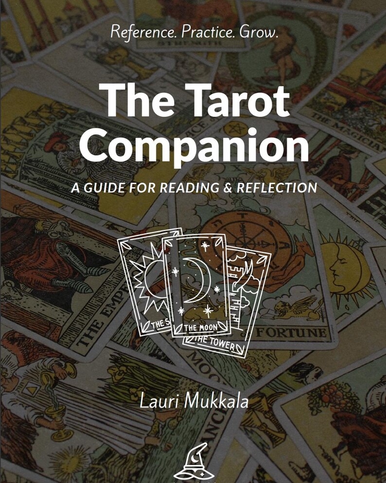 Printable tarot companion workbook cover with card illustrations and decorative borders for tarot reading practice