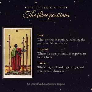 May include: A dark background with gold stars features the text The Esoteric Witch The three positions. It displays the Three of Wands tarot card showing a figure in a red robe holding three wooden staves. Text defines Past, Present, and Future.
