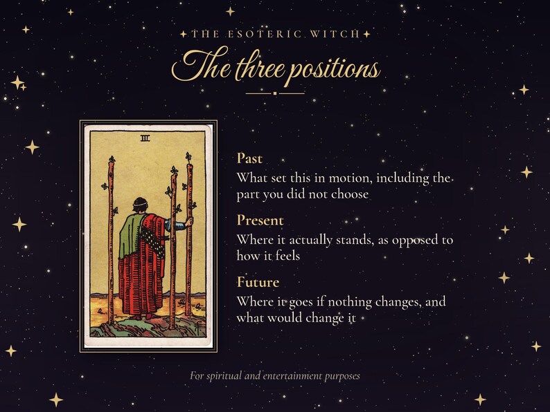 May include: A dark background with gold stars features the text The Esoteric Witch The three positions. It displays the Three of Wands tarot card showing a figure in a red robe holding three wooden staves. Text defines Past, Present, and Future.