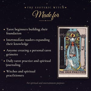Puede incluir: Un fondo oscuro con estrellas doradas presenta el texto THE ESOTERIC WITCH Made for, seguido de una lista. A la derecha est&aacute; la carta del tarot La Sacerdotisa que muestra una figura con t&uacute;nica azul sentada entre dos pilares marcados con B y J.