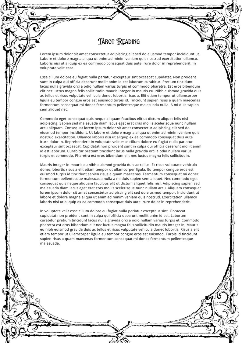 May include: A black and white document titled Tarot Reading, featuring a decorative, ornate floral border. The text consists of multiple paragraphs of Lorem Ipsum placeholder text printed in a standard serif font on a plain white background.