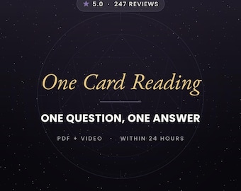 May include: A dark purple graphic with a starry background featuring the text One Card Reading, ONE QUESTION, ONE ANSWER, PDF + VIDEO, WITHIN 24 HOURS, 5.0 247 REVIEWS, and THE ESOTERIC WITCH, centered over a faint geometric line art circle design.