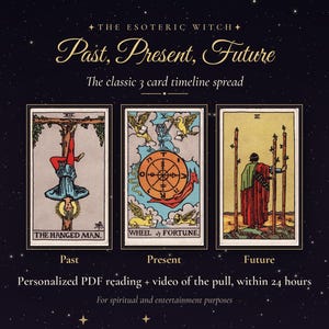 May include: Three tarot cards arranged horizontally against a dark starry background. The cards are labeled The Hanged Man, Wheel of Fortune, and Three of Wands. Text reads The Esoteric Witch, Past, Present, Future, and The classic 3 card timeline spread.