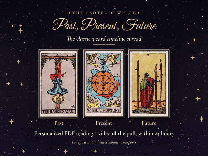 May include: Three tarot cards arranged horizontally against a dark starry background. The cards are labeled The Hanged Man, Wheel of Fortune, and Three of Wands. Text reads The Esoteric Witch, Past, Present, Future, and The classic 3 card timeline spread.
