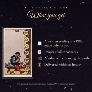 May include: A digital graphic titled The Esoteric Witch What you get featuring the Eight of Pentacles tarot card. Text lists a written reading as a PDF, images of all three cards, a video of me drawing the cards, and delivered within 24 hours.