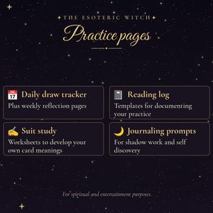 Puede incluir: Un gr&aacute;fico de color p&uacute;rpura oscuro con texto dorado que dice The Esoteric Witch Practice pages. Cuatro cajas rectangulares enumeran Daily draw tracker, Reading log, Suit study y Journaling prompts con iconos sobre un fondo estrellado.