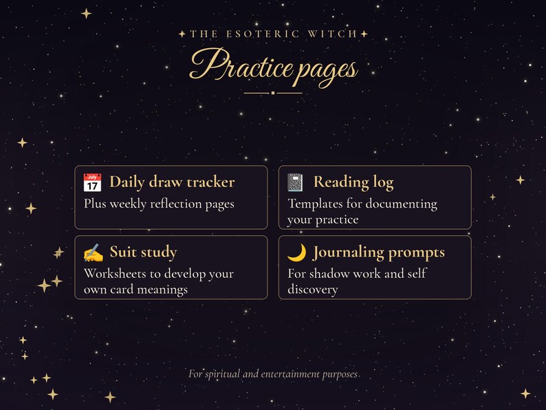 Puede incluir: Un gr&aacute;fico de color p&uacute;rpura oscuro con texto dorado que dice The Esoteric Witch Practice pages. Cuatro cajas rectangulares enumeran Daily draw tracker, Reading log, Suit study y Journaling prompts con iconos sobre un fondo estrellado.